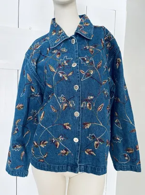 Vintage‎ Tantrums Embroidered Floral Denim Shirt Jacket Button Front Fall Leaves thumbnail 1