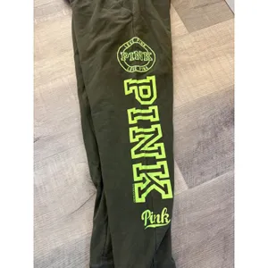 PINK Victoria's Secret Olive Green & Neon‎ Lime Spellout Joggers - Size S thumbnail 5