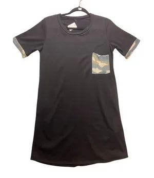 New Boutique T-Shirt Dress Womens Small Black New Camo Pocket Ribbed Trim thumbnail 1