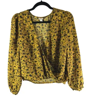 A New Day Yellow Black Floral Long Sleeve Faux Wrap Top Blouse S thumbnail 1