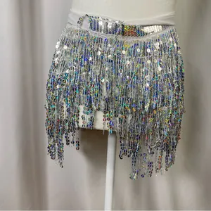Disco Sparkling Small Silver Sequin Mini Skirt Fringe Rave Party Concert Wrap thumbnail 2