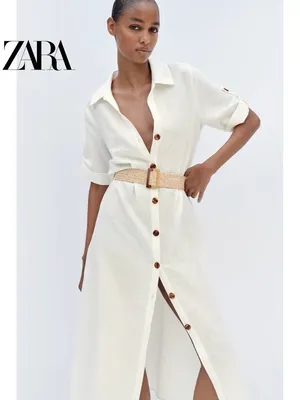 ZARA Cream Button-Front Midi Shirt Dress with Woven Belt thumbnail 2