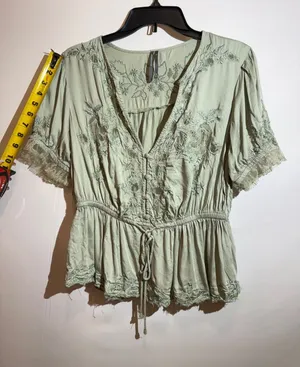 Anthropologie Blue Floral Embroidered Lace V Neck Peplum Blouse Size M thumbnail 1