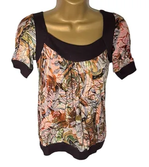 Y2K Daytrip Burnout Knit Babydoll Top Keyhole Back Abstract Print Brown S thumbnail 1