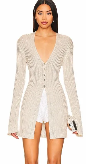Free People Vie Boheme Cardi Sandcastle Tan Ribbed Knit Slit Cardigan Large L thumbnail 1