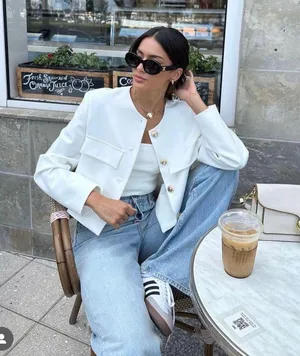 Zara blazer jacket textured double breasted white golden buttons office casual thumbnail 2