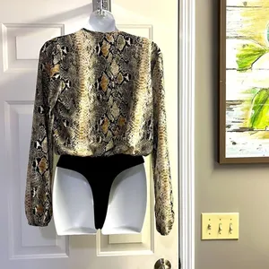 Windsor Silky and Soft Black Snakeskin Body Suit with Plunging Neckline- Small thumbnail 5
