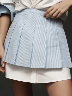 Sunday in Brooklyn Blue &White Striped Skater Skirt with White Underlayer Cotton thumbnail 3