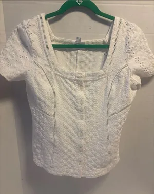 Ett:Twa By Anthropology White Button Front Eyelet Blouse Classic Square Neckline thumbnail 1