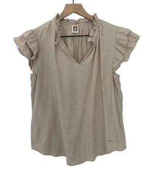 Anne Klein Linen Blend Romantic Coquette Boho Chic Ruffle Cap Sleeve Blouse Top thumbnail 1