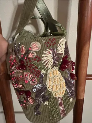 From India to You Beaded Botanical Corduroy Bucket Bag thumbnail 4