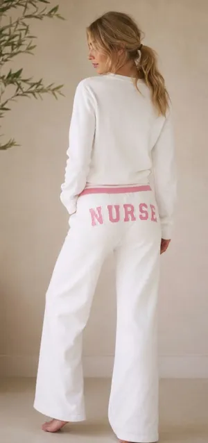 Nurse White Pink Flare Sweatpants Lounge Joggers Embroidered Medium thumbnail 1