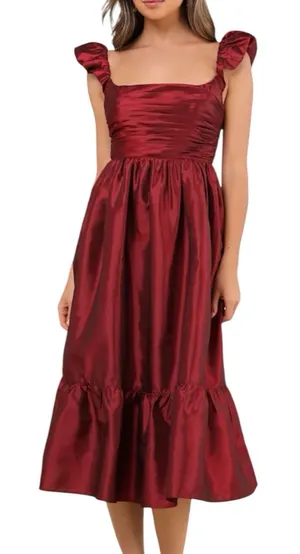 NWT Lulus Poised Passion Wine Red Taffeta Pleated Ruffled Midi Dress Size Small thumbnail 1