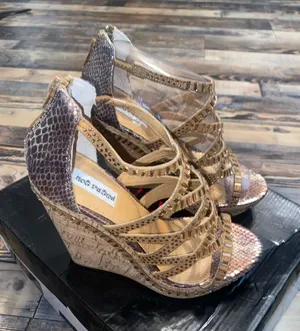 Not Rated Gold Snake-Print Cork Wedge Sandals thumbnail 1
