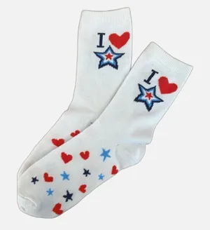 NWT USA Patriotic July 4th Socks 250 Stars Hearts Red White & Blue Womens OS thumbnail 1