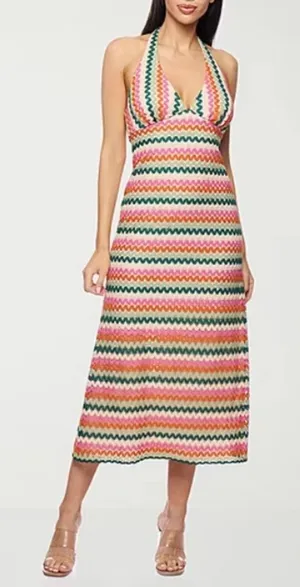 PREMIER AMOUR Crochet Midi Dress Womens Halter Stripe Slit Stretch Retro NWT thumbnail 1