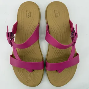 Crocs Tulum Toe Post Sandal Flip Flop Fuchsia Pink Tan Women 6 Buckle Straps thumbnail 3