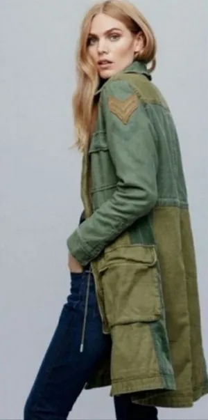 Free People size small jacket military green trench academia 80s retro patch thumbnail 1