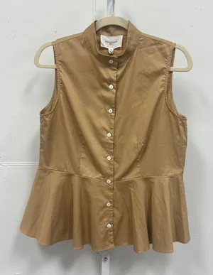 NWT Pomander Place Tan Cotton Peplum Mock Neck Sleeveless Button Down Top B1133 thumbnail 1
