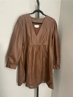 Anthropologie Deep-V Faux Leather Babydoll Dress Size XL thumbnail 2