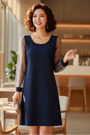 Navy Blue A-Line Dress Sheer Mesh Sequin Long Sleeve Cocktail Party Size L thumbnail 1