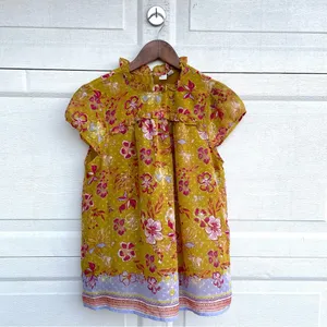 Joie Womens Shirt Blouse Mustard Yellow Pink Floral Ruffed Collar Medium thumbnail 2