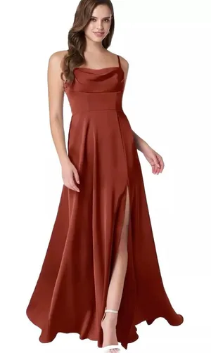 Azazie Bridesmaids Dress Terracotta Flowy Cowl Neckline Side Slit Satin Size 12 thumbnail 1