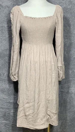 NLT Smocked Midi Dress WomensMedium Tan Polka Dot Square Neck Long Sleeve ND7263 thumbnail 1