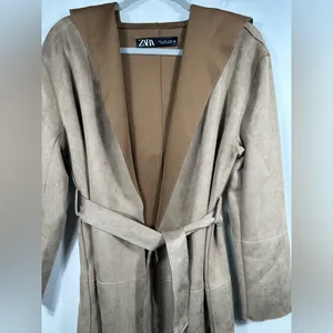 Zara Faux Suede Belted Jacket Tan Brown Size Small Open Front‎ Coat Duster thumbnail 5