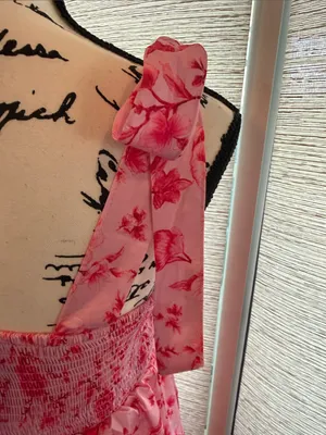 Wenrine Woman’s Tiered Summer Pink Floral Maxi Dress with Tie Straps thumbnail 6