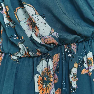 Free People Tuscan Dream Floral Tunic Dress V neck Blouse Teal Long Sleeve Femme thumbnail 6