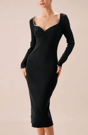 Rihoas Black Pearl Trim Bodycon Knit Midi Dress, Size M, NWT thumbnail 1