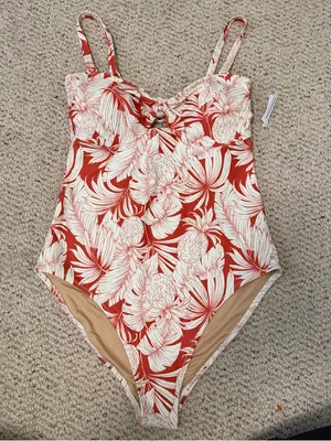NWT Old Navy Tropical One Piece Swimsuit Medium Orange White Palm Print Resort thumbnail 2