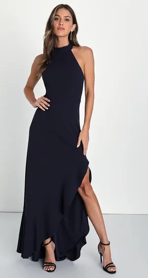 NWT Lulus Majestic Perfection Navy Blue Ruffle Halter Maxi Dress Flapper Dance M thumbnail 1