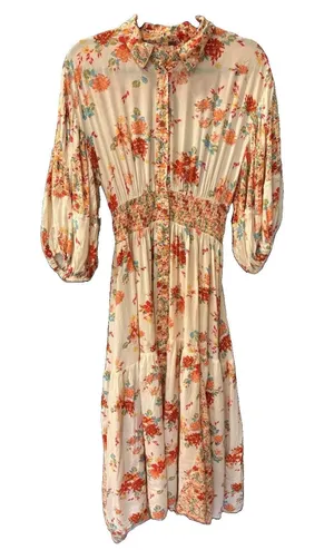 Free People Floral Button Up Collar Maxi Dress Smocked Waist Balloon Sleeves XS thumbnail 1