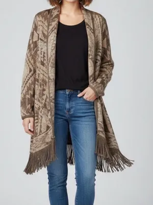 Lucky Neutral Boho Folk Aztec Western Fringe Open Front Cardigan size small thumbnail 1