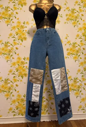 SheIn Straight / Wide Leg Patchwork Bandana Denim jeans in Blue size XS thumbnail 2
