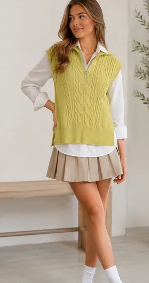 Free People Yellow Cable Knit Quarter Zip Sweater Vest Womens M Classic Preppy thumbnail 1