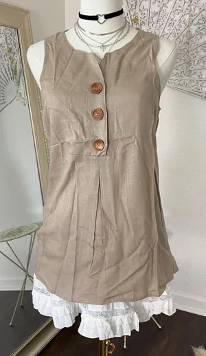 NWOT Tan Nude Linen & Cotton Sleeveless Button Up Tank Top Blouse S Aumora thumbnail 1