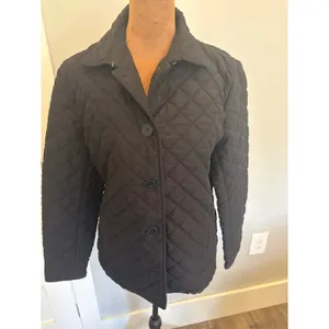 Ralph Lauren Black Diamond Quilted Jacket Button Front Gold Chain Loop Womens M thumbnail 2