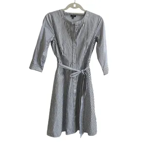 Talbots Shirt Dress Womens 2P Gray White Striped Preppy Cotton Fit Flare Pockets thumbnail 3