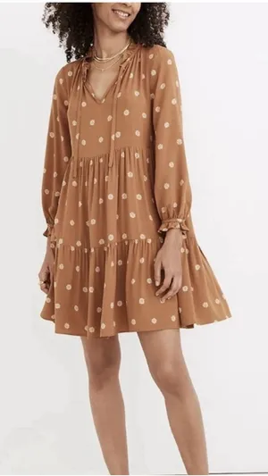 Madewell Women’s Brown Floral Tiered Mini Dress Long Sleeve Peasant Boho Size M thumbnail 1
