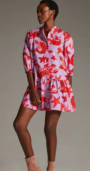 FARM RIO Red Starfish & Lobster Print Puff Sleeve Mini Dress Sz M thumbnail 1
