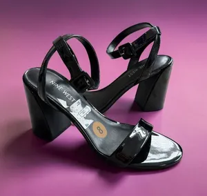 NINE WEST Patent Block Black Sandals Heels Size 8 thumbnail 1