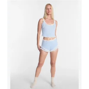 Kacey Lee Baby Blue Pointelle Lace Trim Two Piece Set Cami Shorts L thumbnail 8
