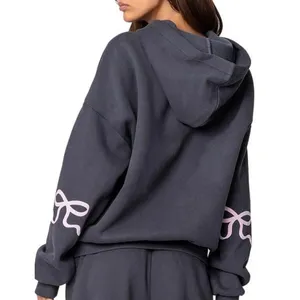 Edikted Women Charcoal Gray Oversized Hoodie Pink Bow Sleeve Graphic Medium NWOT thumbnail 2