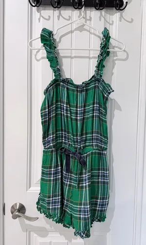 Aerie Green Plaid Flannel Ruffle Romper thumbnail 2