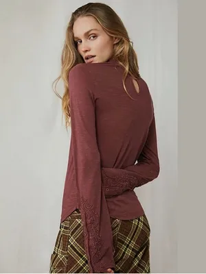 Free People We The Free Hooked On You Cuff Long Sleeve Tee in Burgundy thumbnail 2