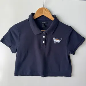 Forever 21 Crop Top Polo Shirt Cat Embroidery‎ Short Sleeve Navy S thumbnail 3