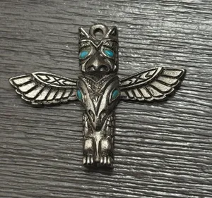 Vtg 70's MCM Stainless Steel Western Native Bird Totem Faux Turquoise Pendant thumbnail 1